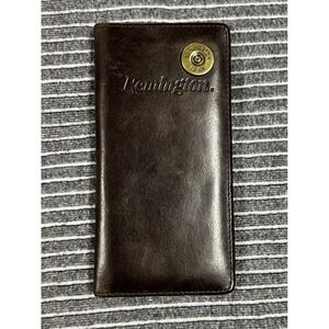 Remington Mens Brown Leather Long Bifold Wallet 12 GA Shotgun Shell Detail